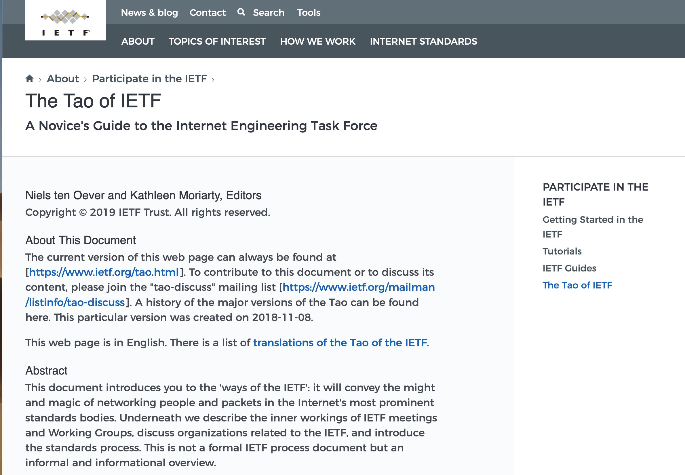 Screenshot of the New Tao of the IETF